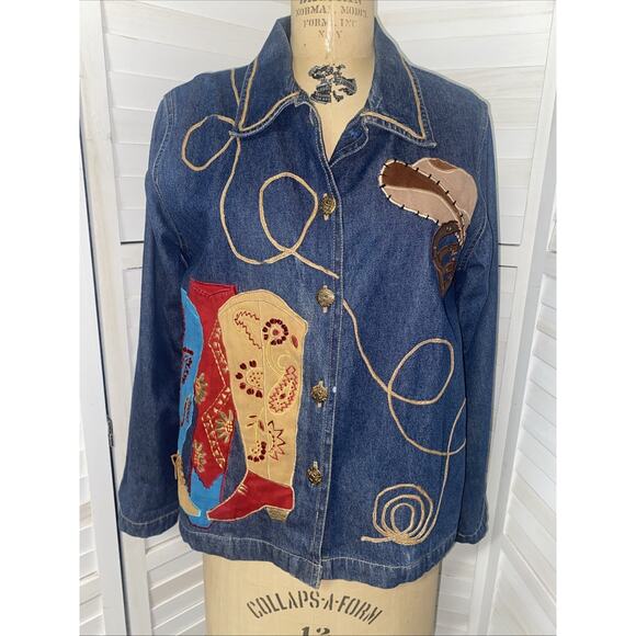 90s Y2K Tantrum Blue Denim Embroidered Western Rodeo Cowgirl Cotton Small - Picture 1 of 11
